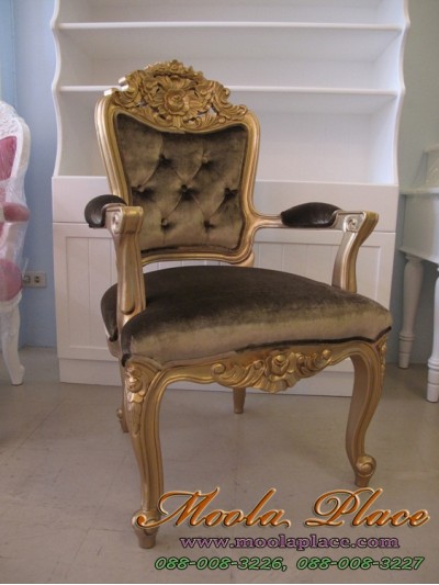 เก้าอี้ขาสิงห์หลุยส์ ไม้สัก แกะลายสวยงาม ทำสีทอง บุผ้ากำมะหยี่แบบเงา