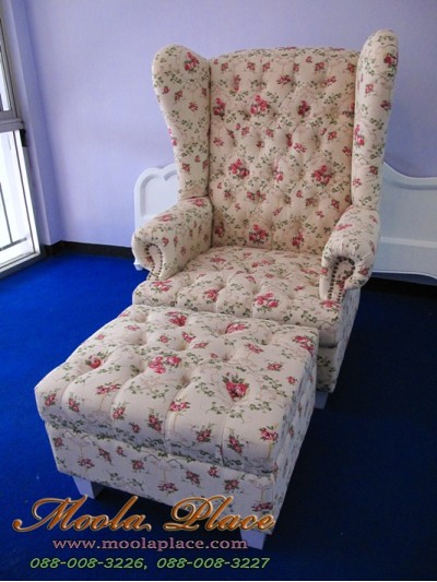 โซฟา Wing Chair สไตล์วินเทจ หุ้มผ้าลายดอก พร้อมที่วางเท้า ขนาด 1 ที่นั่ง สามารถเลือกเปลี่ยนลายผ้าได้