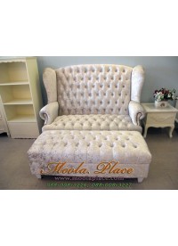 โซฟา Wing Chair สไตล์วินเทจ 2 ที่นั่ง ผลิตจากผ้ากำมะหยี่อย่างดี พร้อมที่วางเท้า ขนาด กว้าง 150  x ลึก 85 x สูง 110 สามารถเปลี่ยนสีและลายผ้าได้