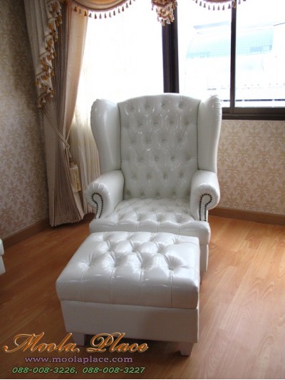 โซฟา Wing Chair สไตล์วินเทจ ผลิตจาก หนัง PU พร้อมที่วางเท้า สามารถเปลี่ยนสีหนังได้