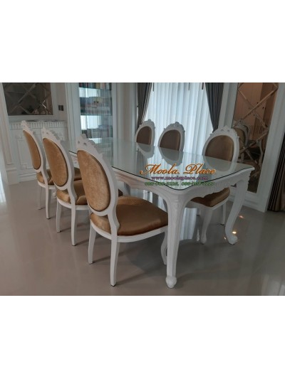 โต๊ะรับประทานอาหารแกะสลักลายหลุยส์ ทำสีพ่นขาว ขนาด 220 x 100 x 75 ซม. สามารถปรับแบบและขนาดได้