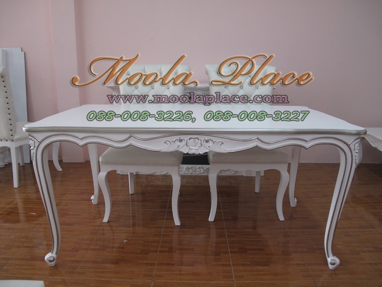 โต๊ะรับประทานอาหารแกะลายหลุยส์ ทำสีพ่นขาวเดินเงิน โต๊ะรับประทานอาหารสไตล์หลุยส์