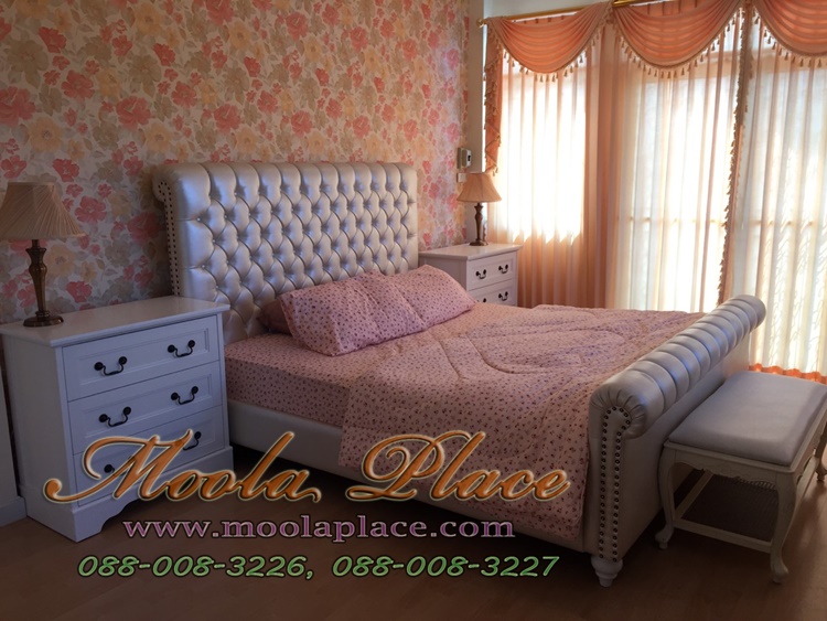 เตียงวินเทจ เตียงนอนสีขาว  เตียงนอน หุ้มหนัง PU ขนาด 6 ฟุต