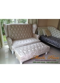 โซฟา Wing Chair สไตล์วินเทจ 2 ที่นั่ง ขากลึง ดึงกระดุม หุ้มด้วยผ้ากำมะหยี่นำเข้าสไตล์เงายับ (ตัวผ้ามีให้เลือกหลายเฉดสี) พร้อมสตูลวางเท้า ขนาด กว้าง 150  x ลึก 85 x สูง 110