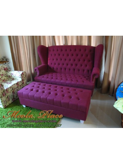 โซฟา Wing Chair สไตล์วินเทจ 2 ที่นั่ง ผลิตจากผ้ากำมะหยี่อย่างดี พร้อมสตูลวางเท้า ขนาด กว้าง 150  x ลึก 85 x สูง 110 สามารถเปลี่ยนสีและลายผ้าได้