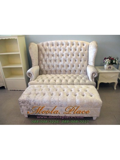 โซฟา Wing Chair สไตล์วินเทจ 2 ที่นั่ง ผลิตจากผ้ากำมะหยี่อย่างดี พร้อมที่วางเท้า ขนาด กว้าง 150  x ลึก 85 x สูง 110 สามารถเปลี่ยนสีและลายผ้าได้