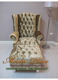 โซฟา Wing Chair 1 ที่นั่ง ขาไม้เหลี่ยม พร้อมที่สตูลวางเท้า บุผ้ากำมะหยี่  สามารถเปลี่ยนสีหนังหรือตัวผ้าได้